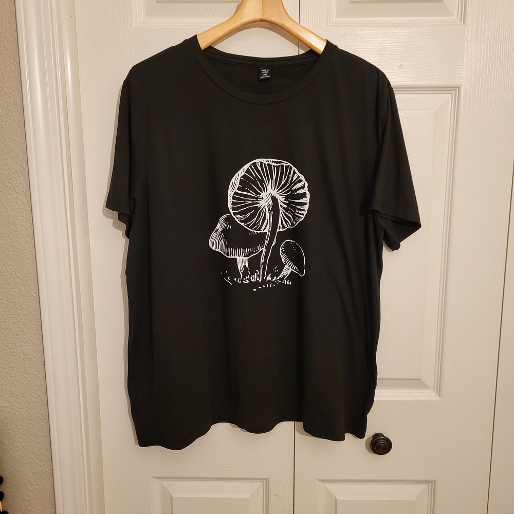 SHEIN Black Tee with White Mushroom Graphic